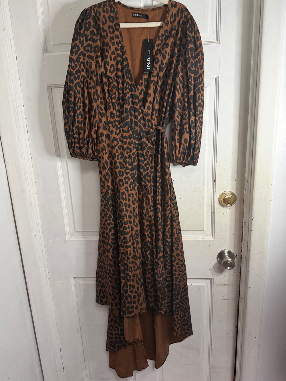 NWT INA Brown Leopard Print Wrap Midi Dress- size small
